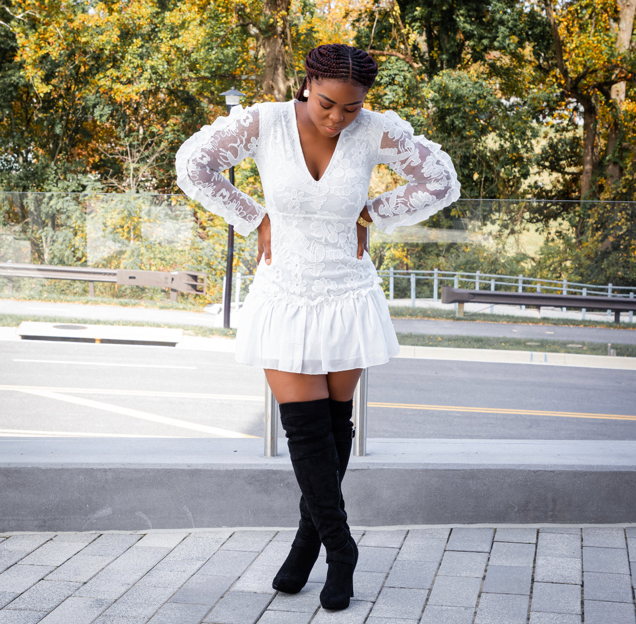 White Lace Frill Long Sleeve Dress L