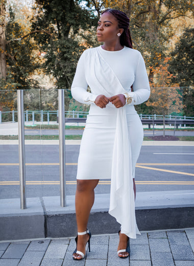 White Round Neck Long Sleeve Frill Midi Bandage Dress