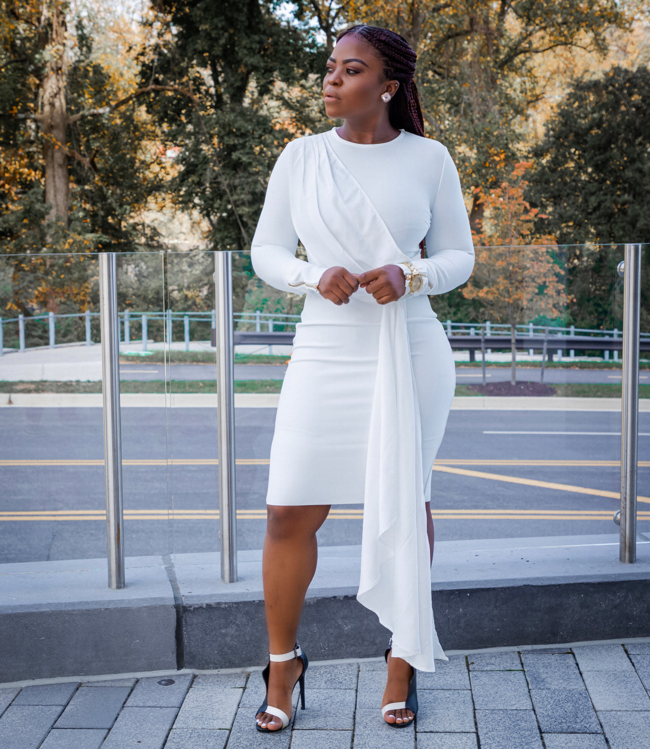 White Round Neck Long Sleeve Frill Midi Bandage Dress S