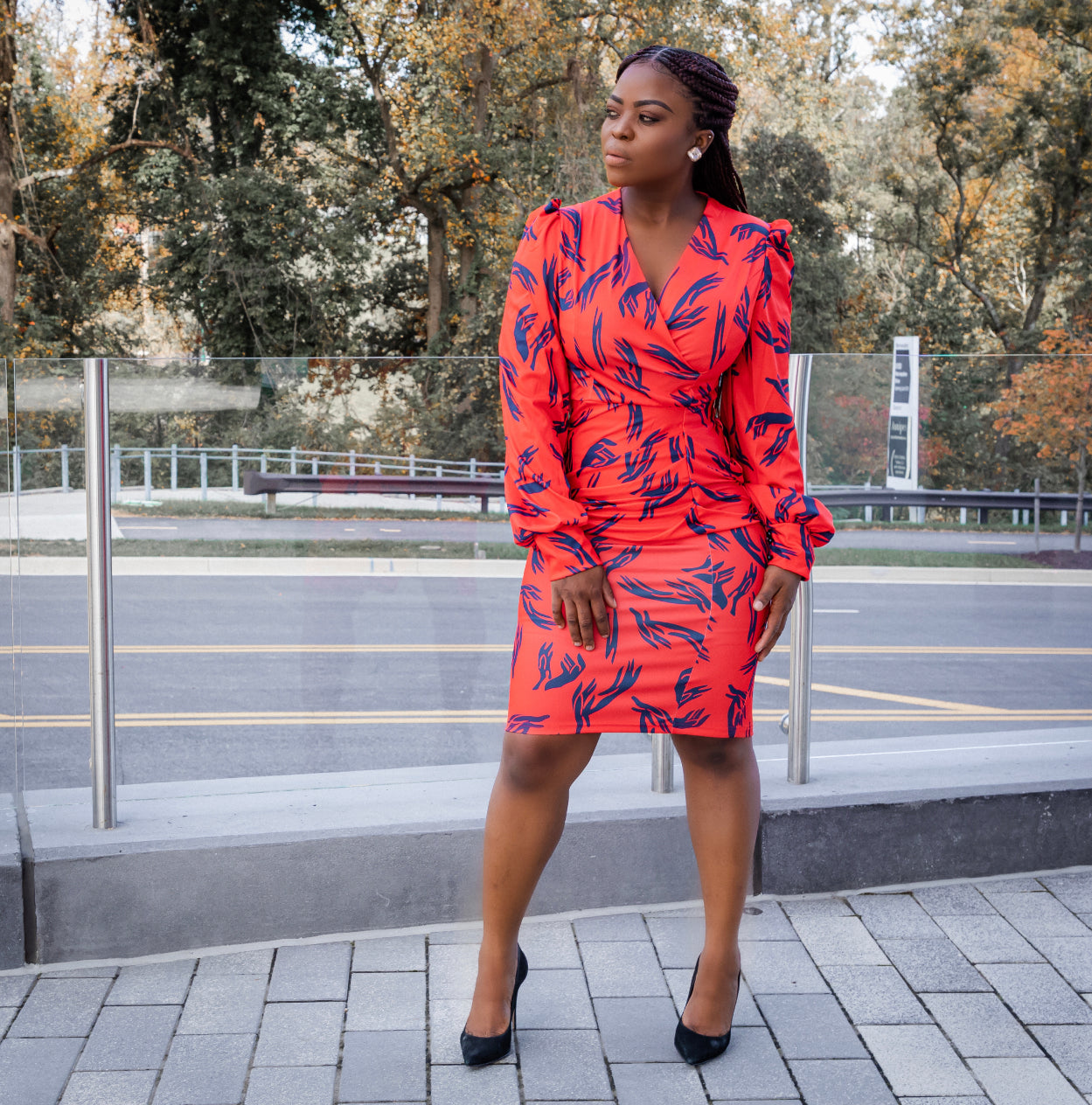 Orange Puff Sleeve Ruched Bodycon Dress M