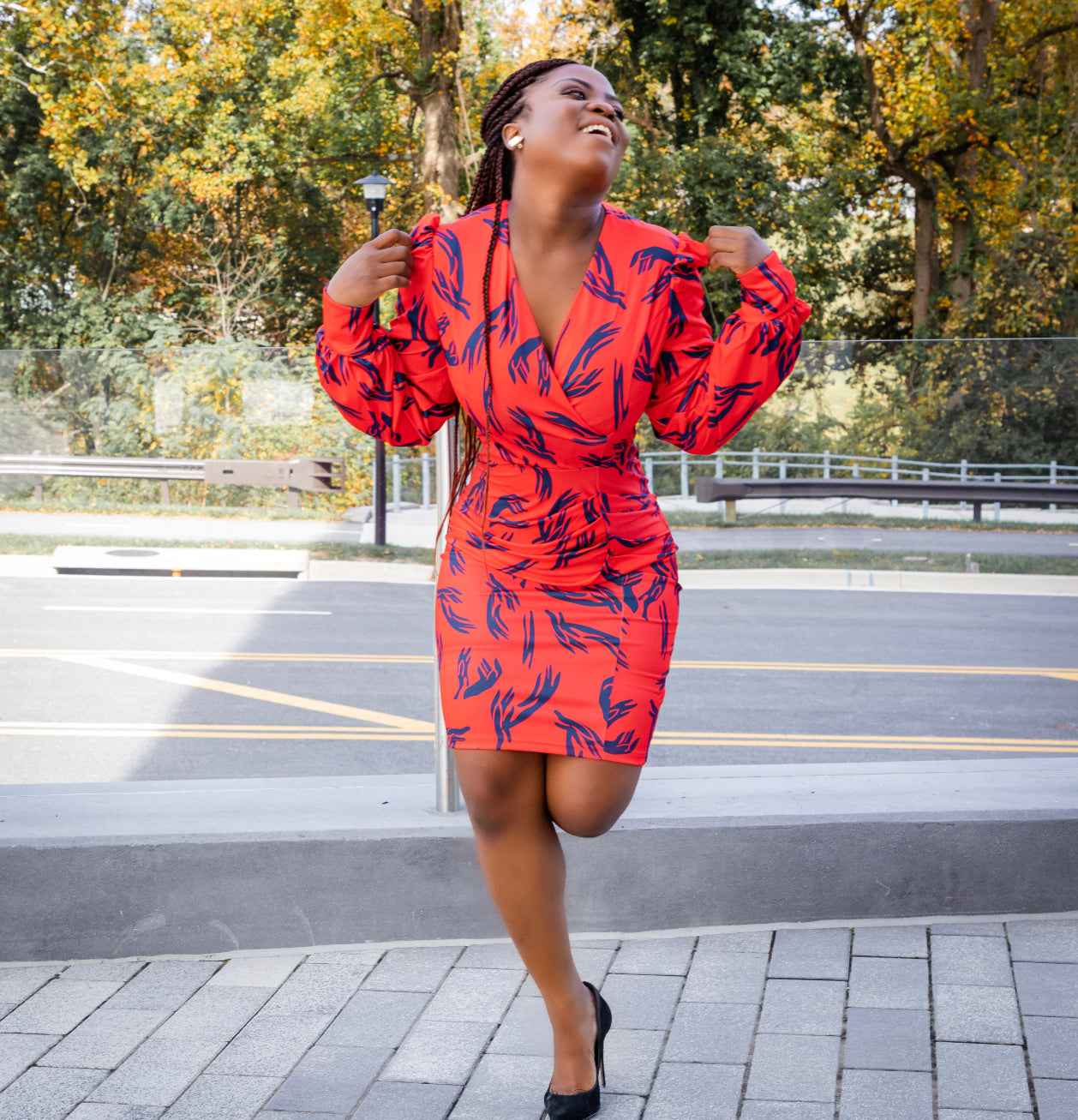 Orange Puff Sleeve Ruched Bodycon Dress M