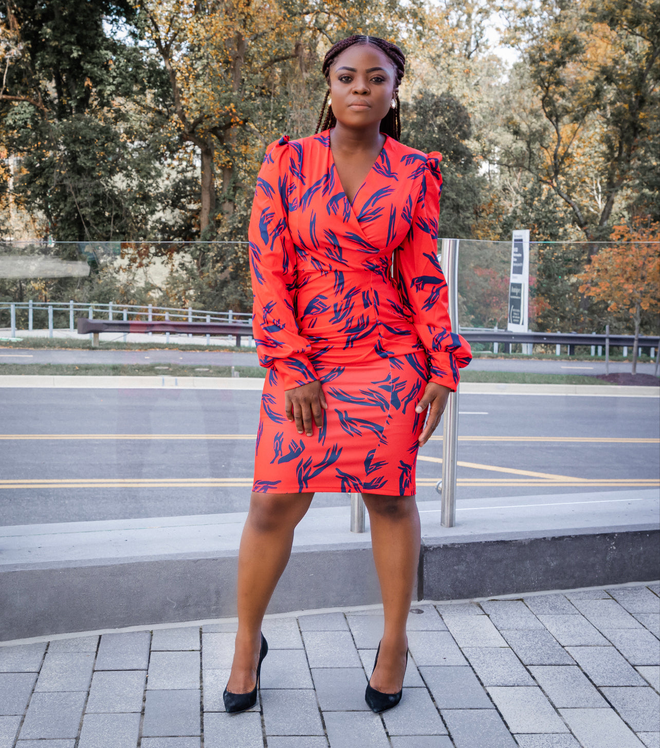 Orange Puff Sleeve Ruched Bodycon Dress