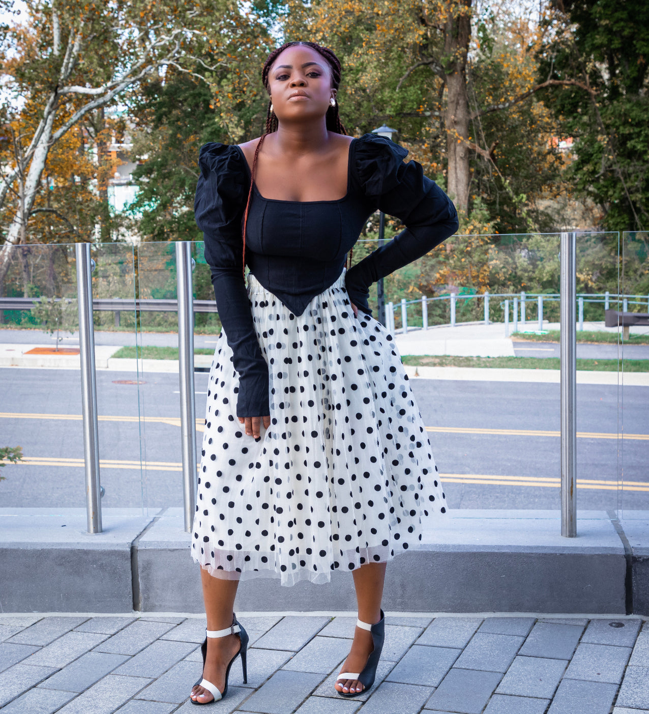 White Polka dot Pleated Skirt