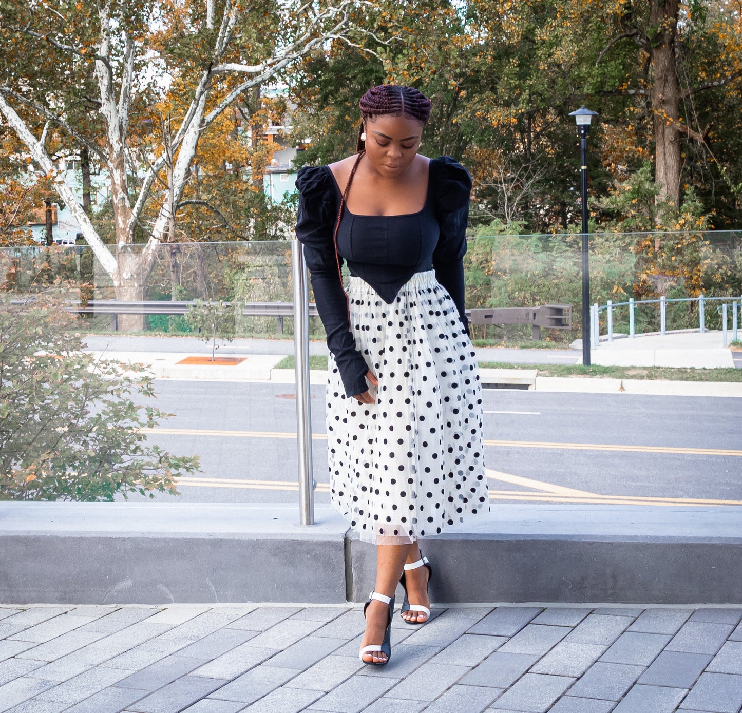 White Polka dot Pleated Skirt