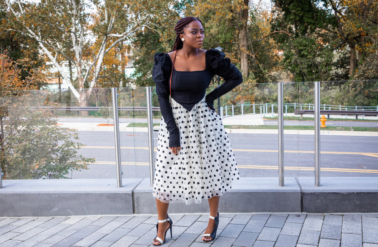 White Polka dot Pleated Skirt