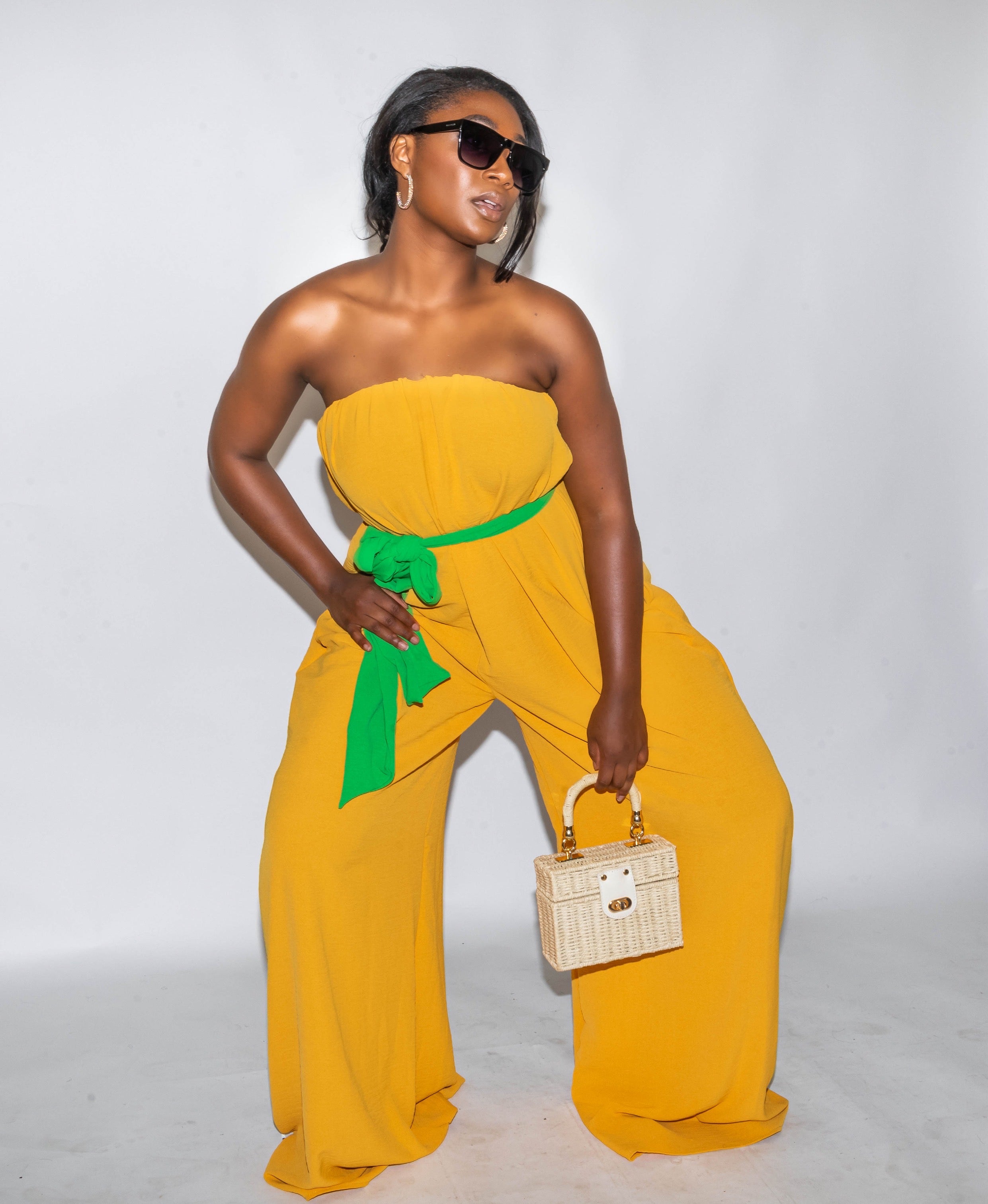 Mustard hotsell strapless jumpsuit