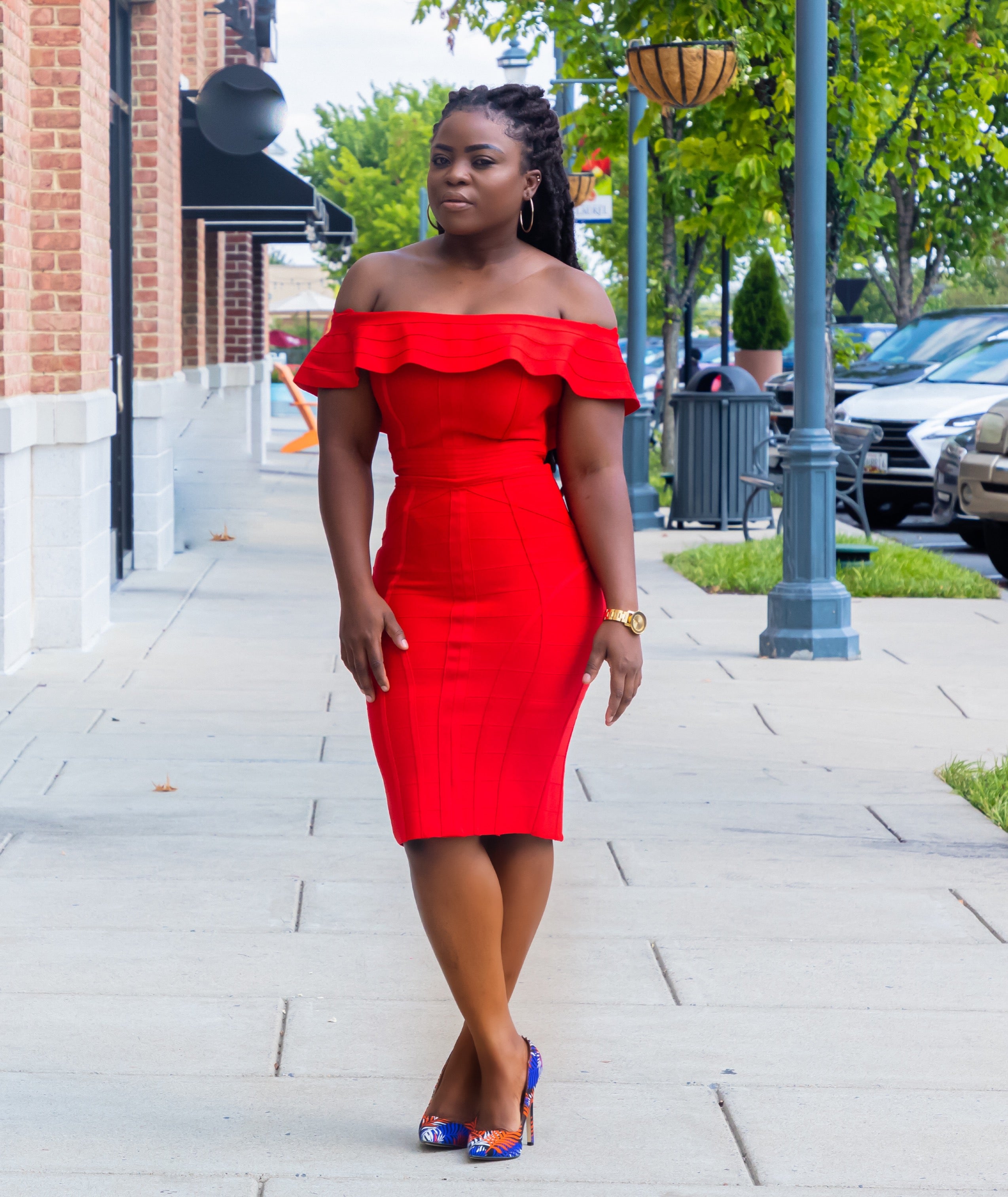 Red off the cheap shoulder bandage dress