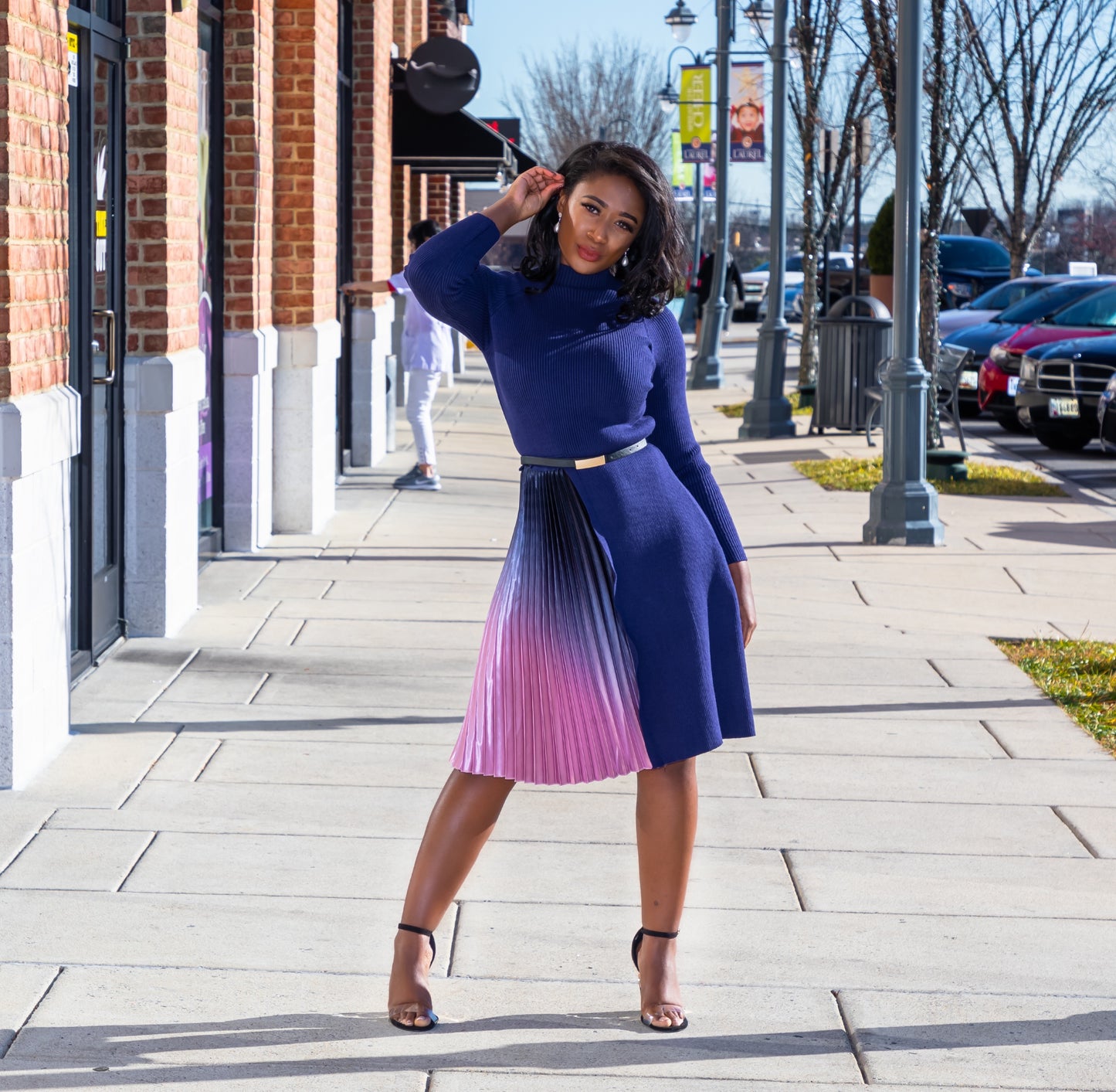 Blue Knitted Sweater Pleated Patchwork Gradient Ruffled Elegant Dress