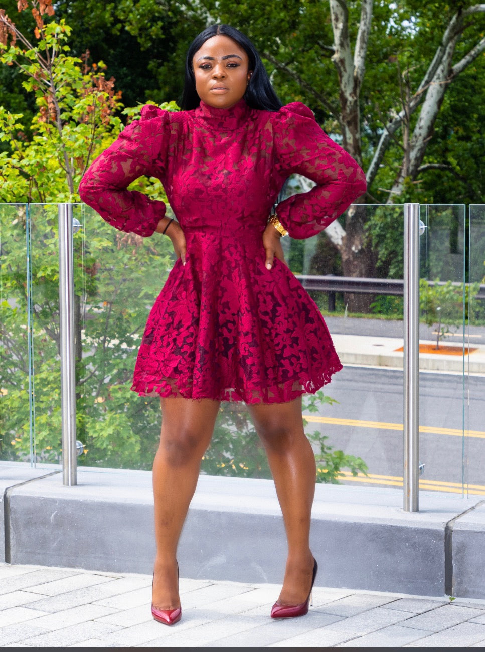 Burgundy Puff Sleeve Lace Flare Dress S Burgundy Puff Sleeve Lace Flare Dress S