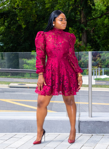 Burgundy Puff Sleeve Lace Flare Dress - Marcy Boutique trendy,chic,elegant,classy,african