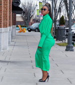 Green Round Neck Puff Sleeve High Waisted Midi Dress
