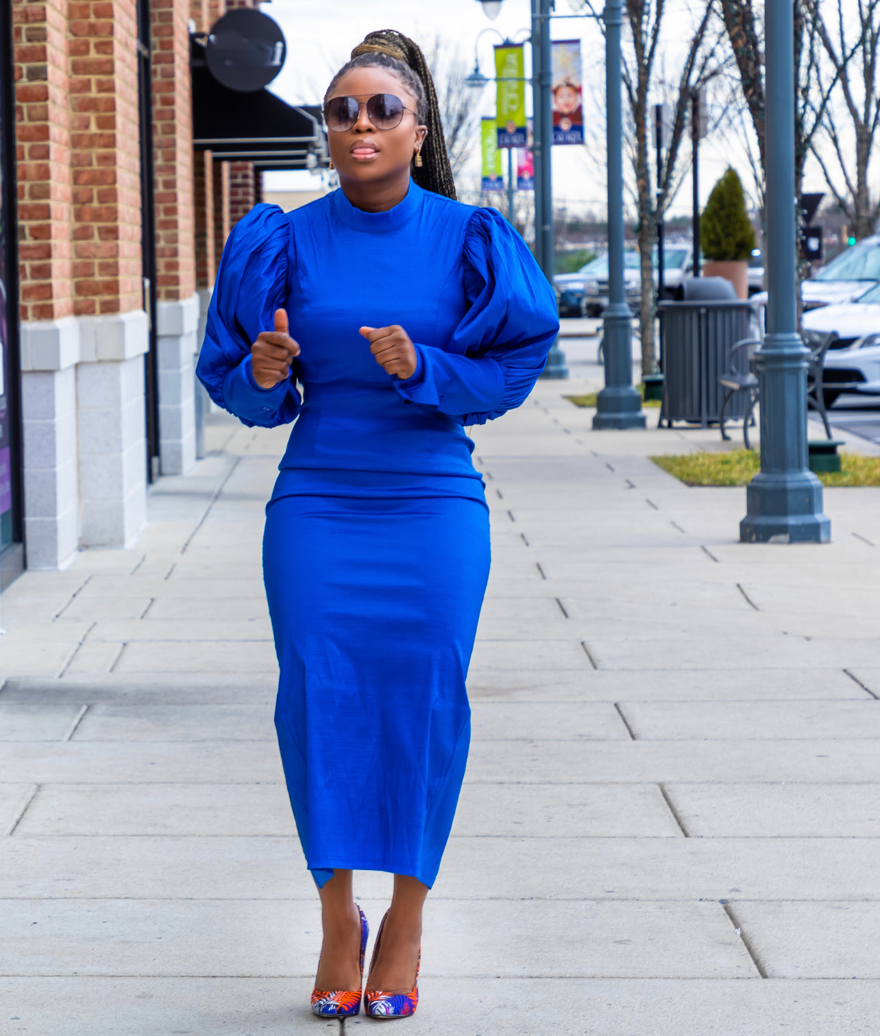 Blue Round Neck High Waist Midi Dress