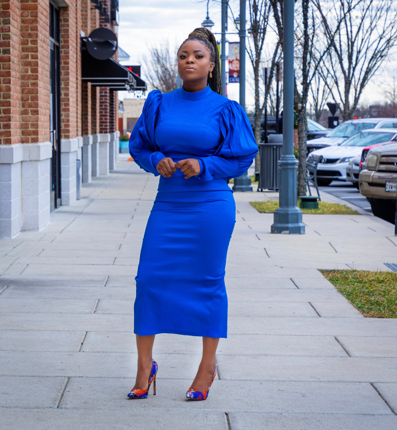 Blue Round Neck High Waist Midi Dress