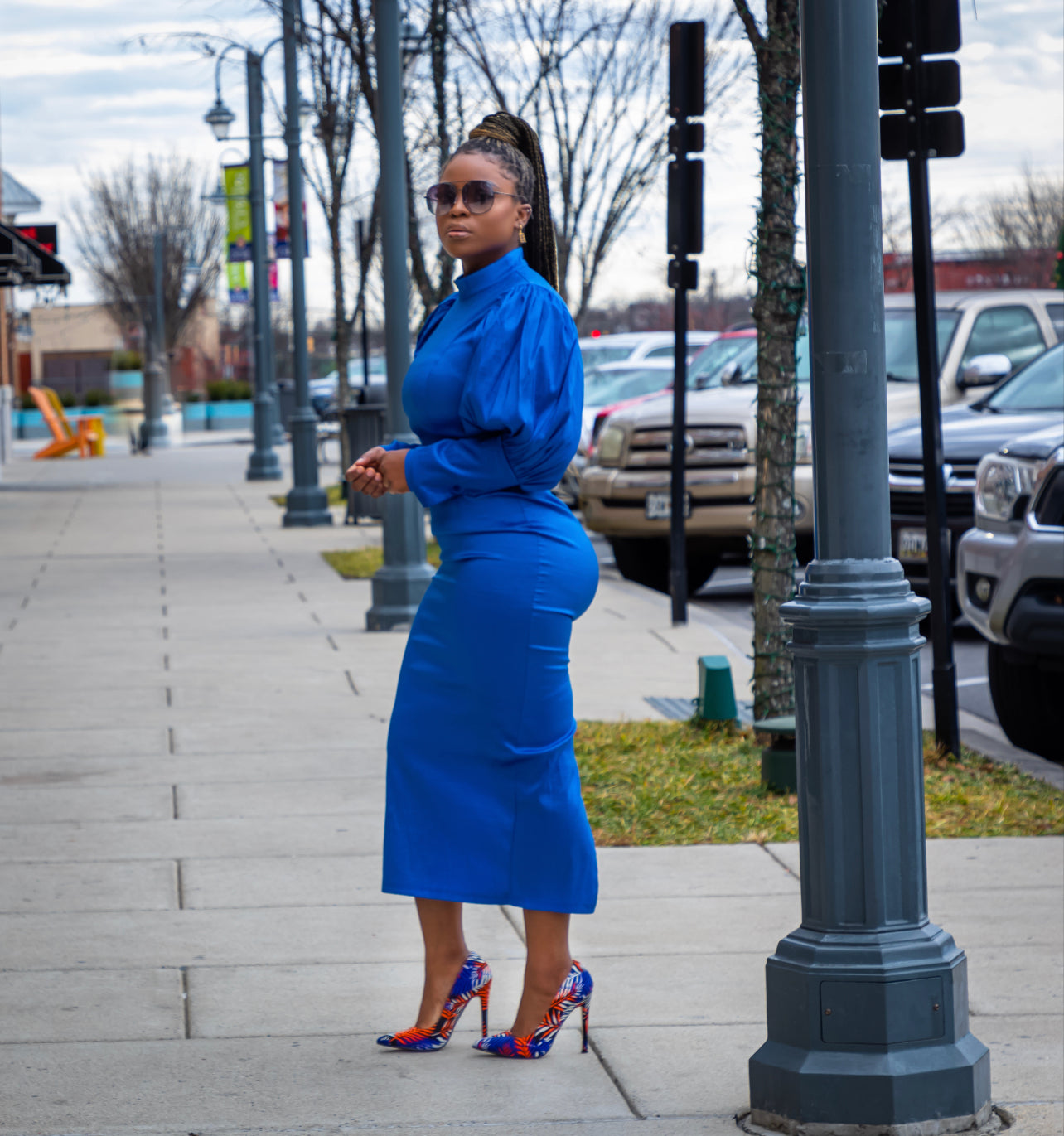 Blue Round Neck High Waist Midi Dress