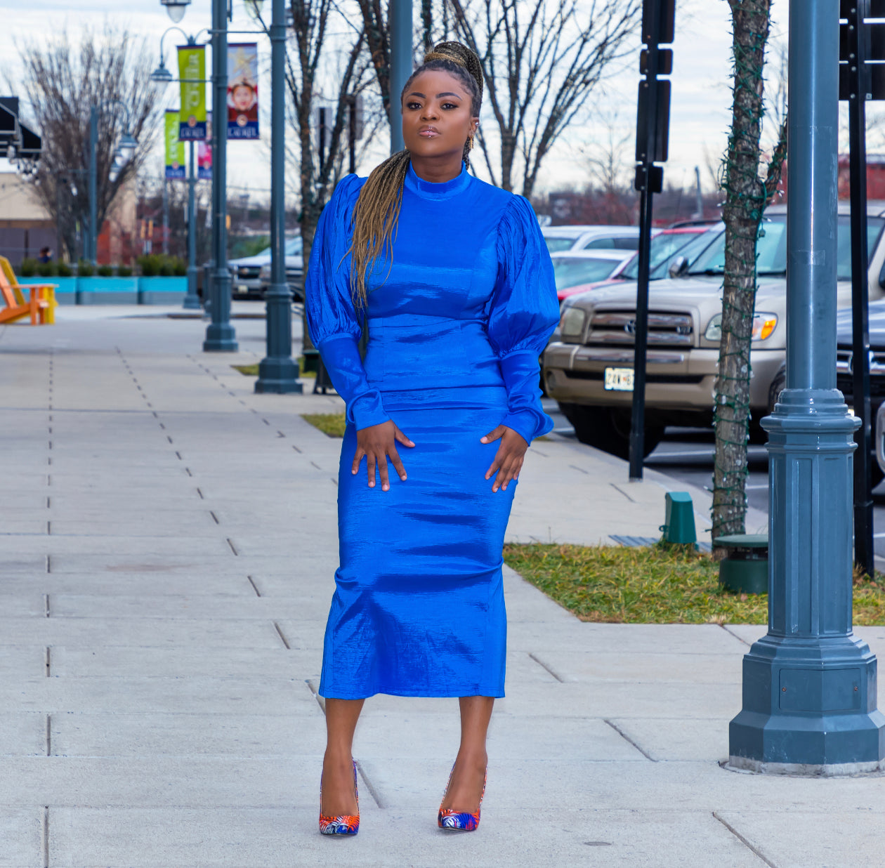 Blue Round Neck High Waist Midi Dress