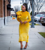 Yellow Velvet Draped Sleeve Bodycon Dress