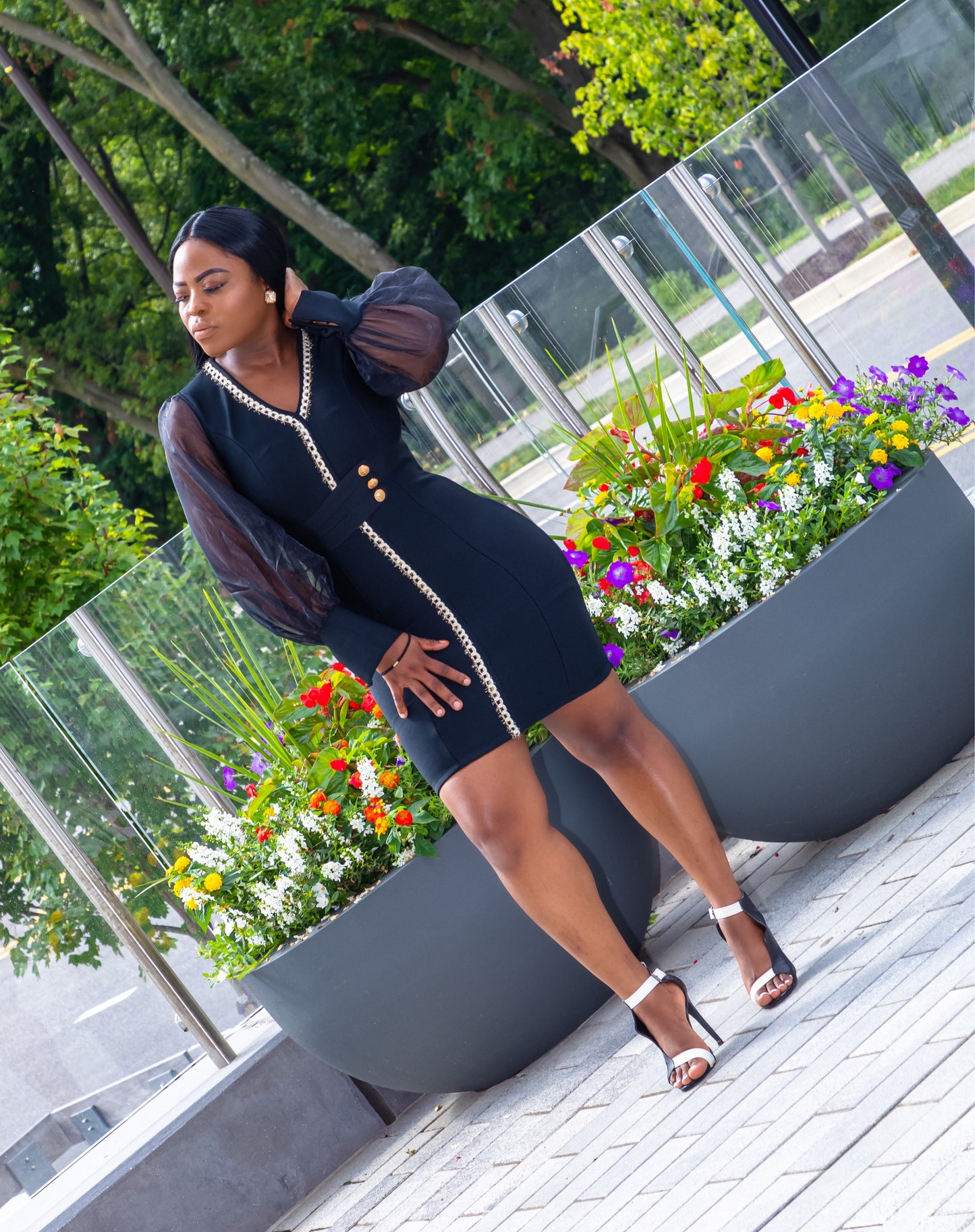 black bodycon dress with sheer sleeves Sheer Sleeve Cold-Shoulder Bodycon Knit Dress in Black Black S-M