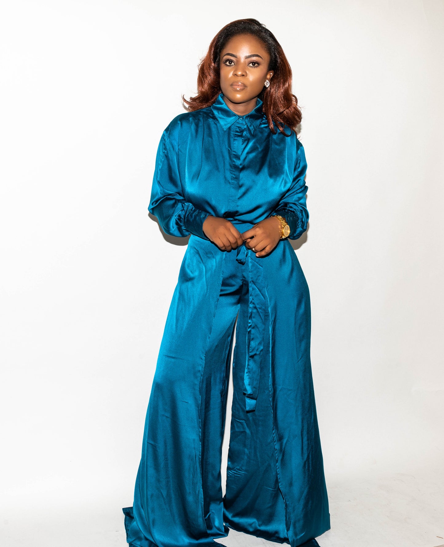 Teal Satin Shirt And Pant Set