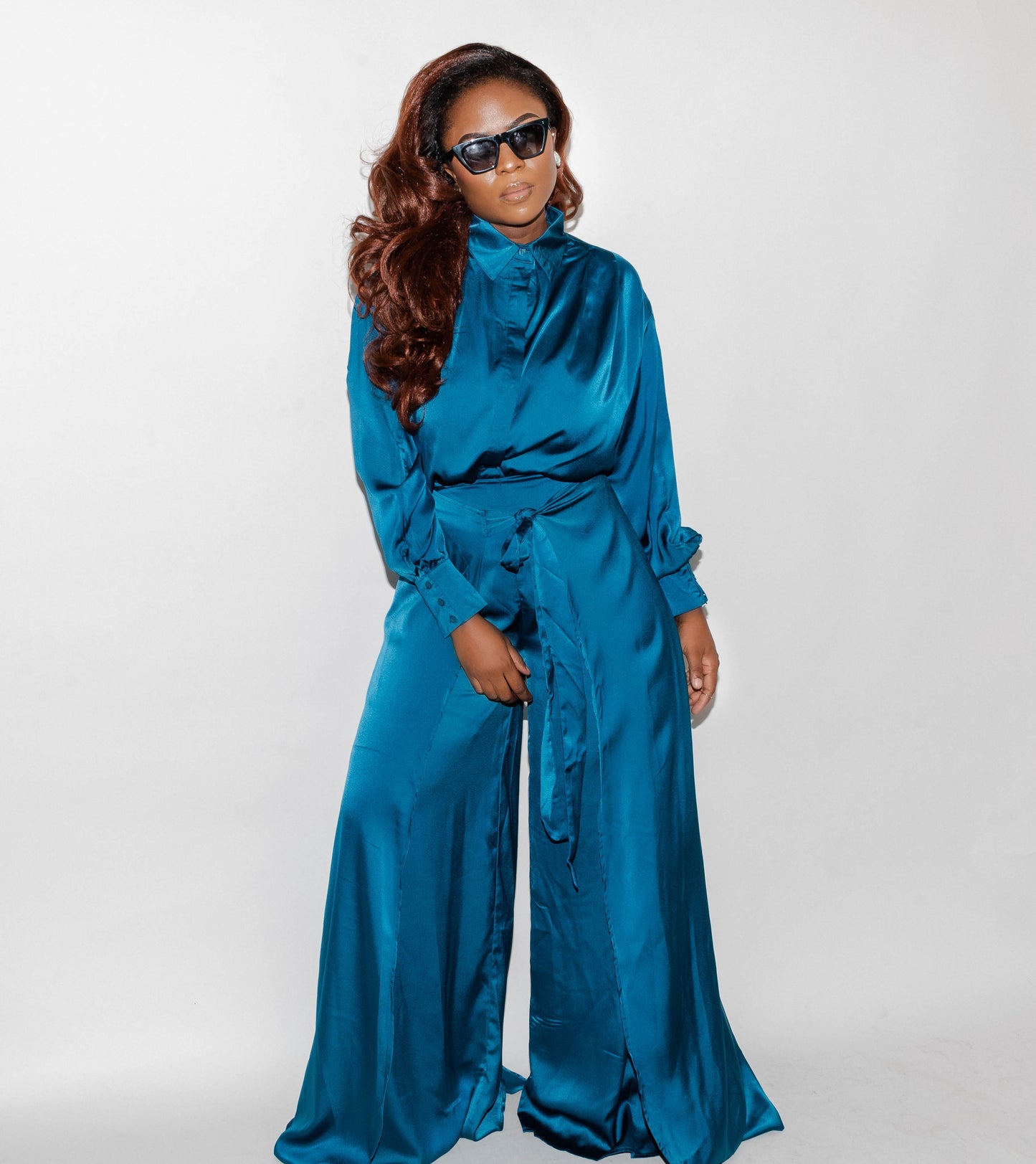 Teal Satin Shirt And Pant Set