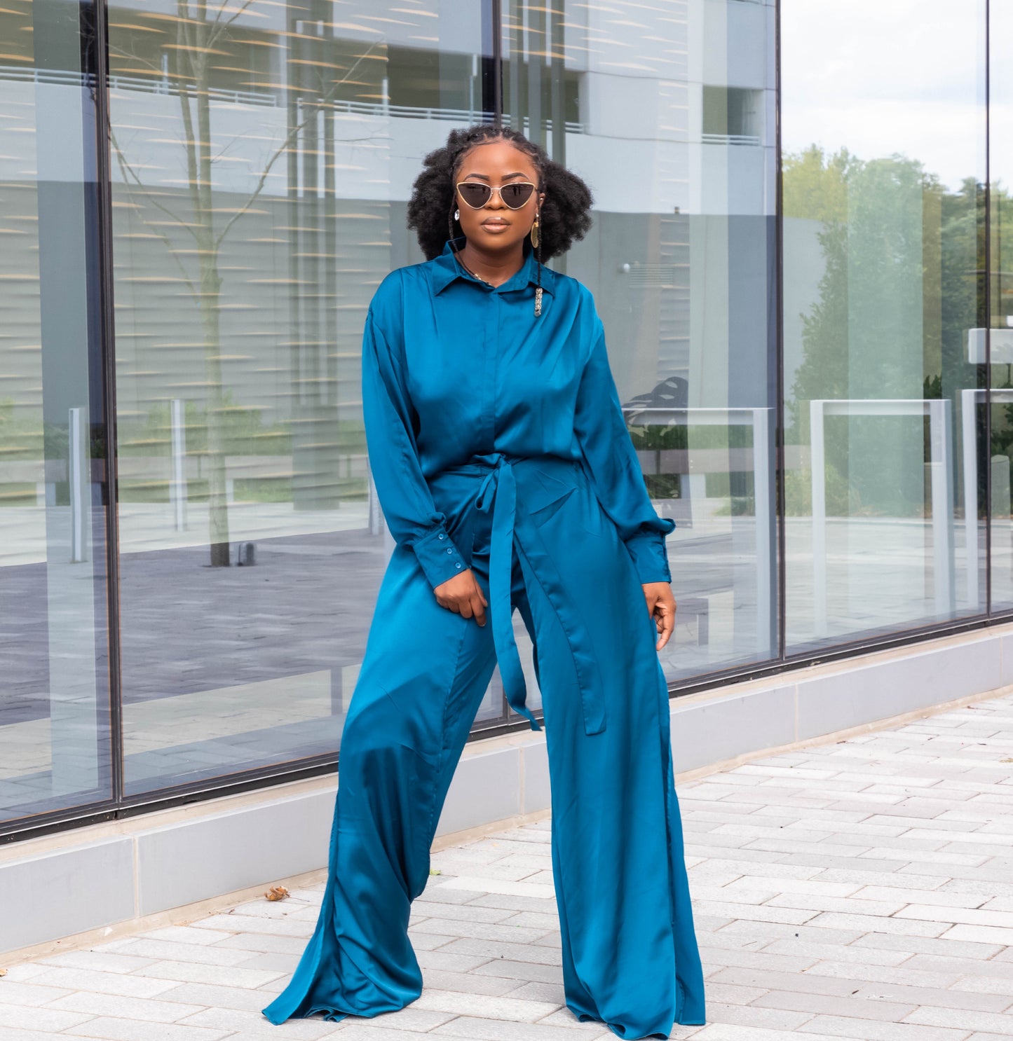 Teal Satin Shirt And Pant Set