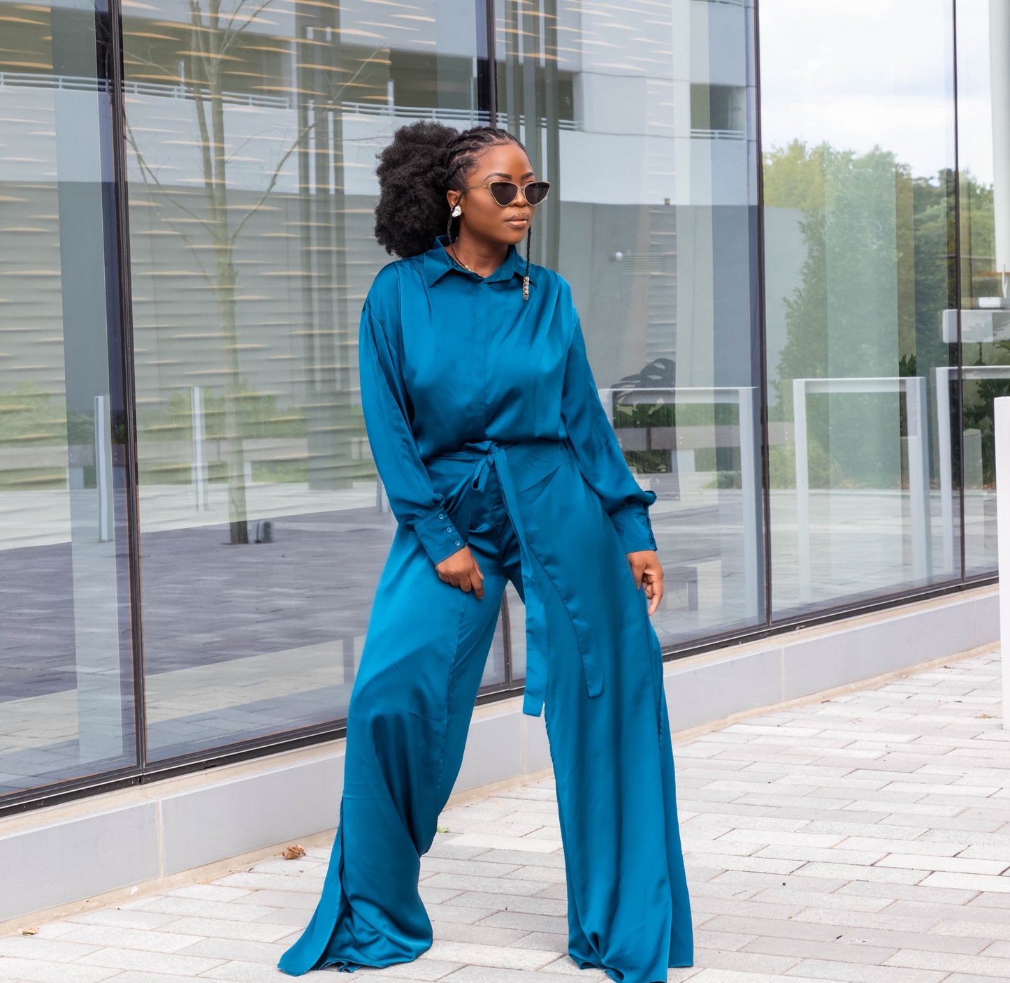 Teal Satin Shirt And Pant Set