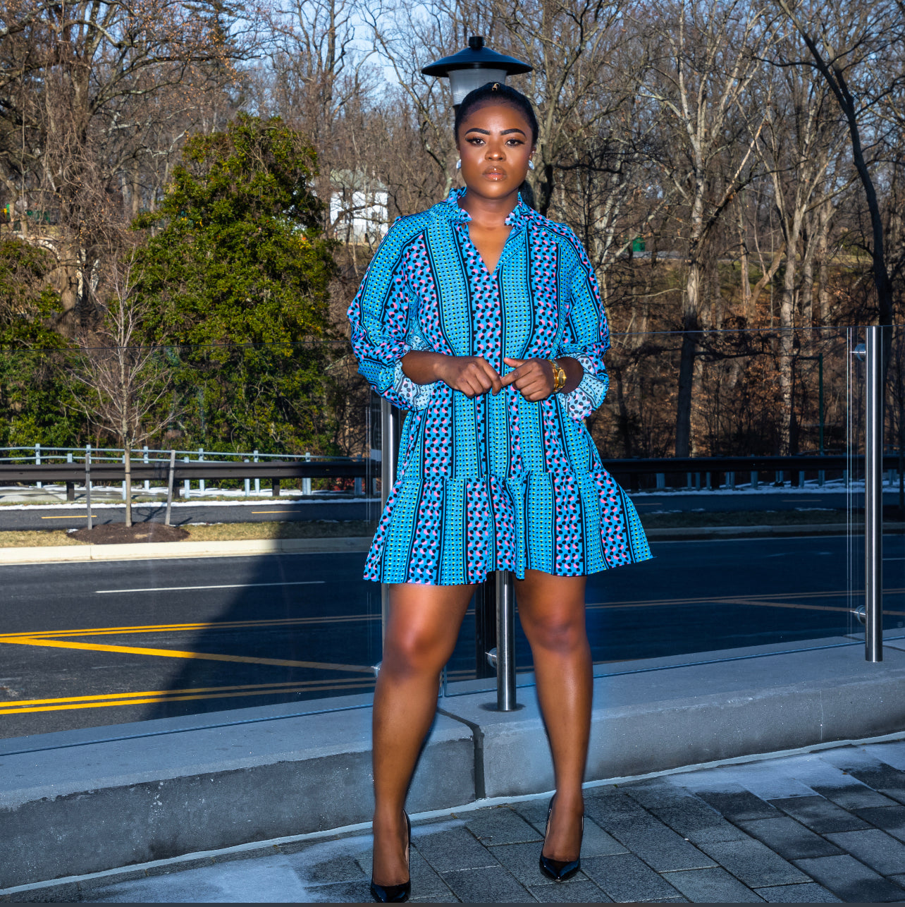 Blue Long Sleeve Swing Dress M Blue Long Sleeve Swing Dress M