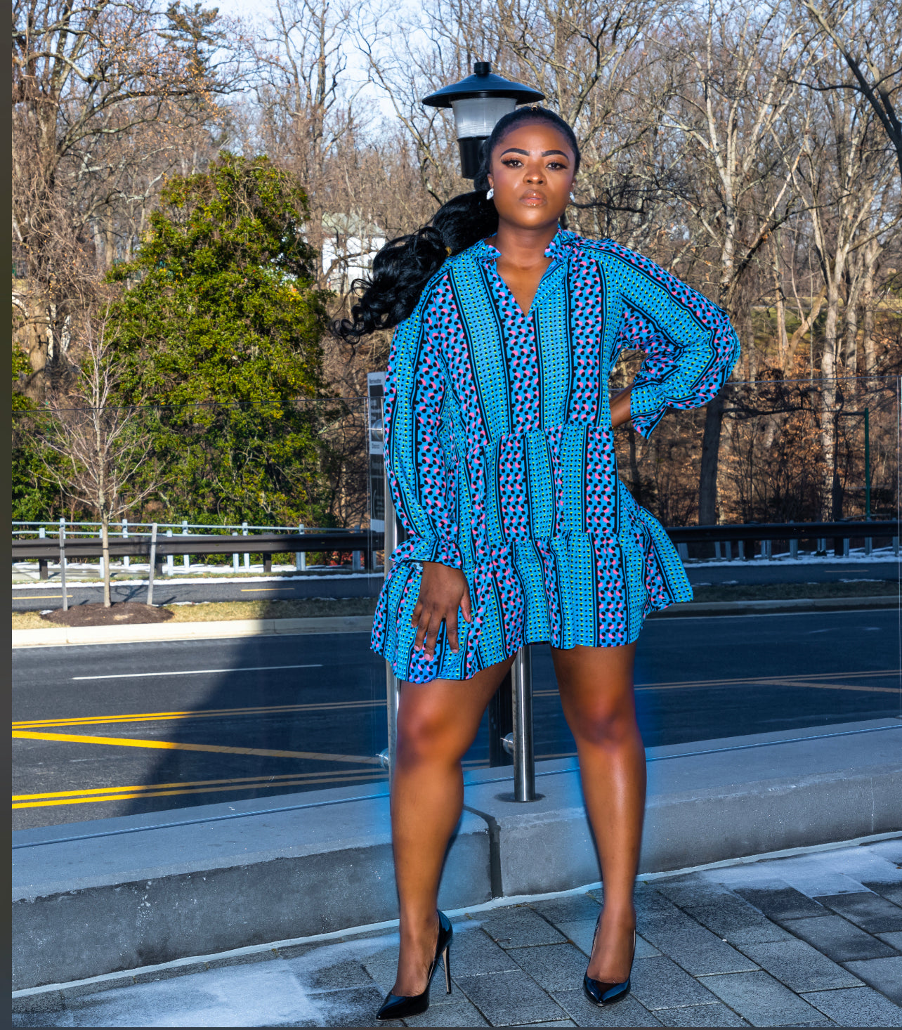 Blue Long Sleeve Swing Dress M Blue Long Sleeve Swing Dress M