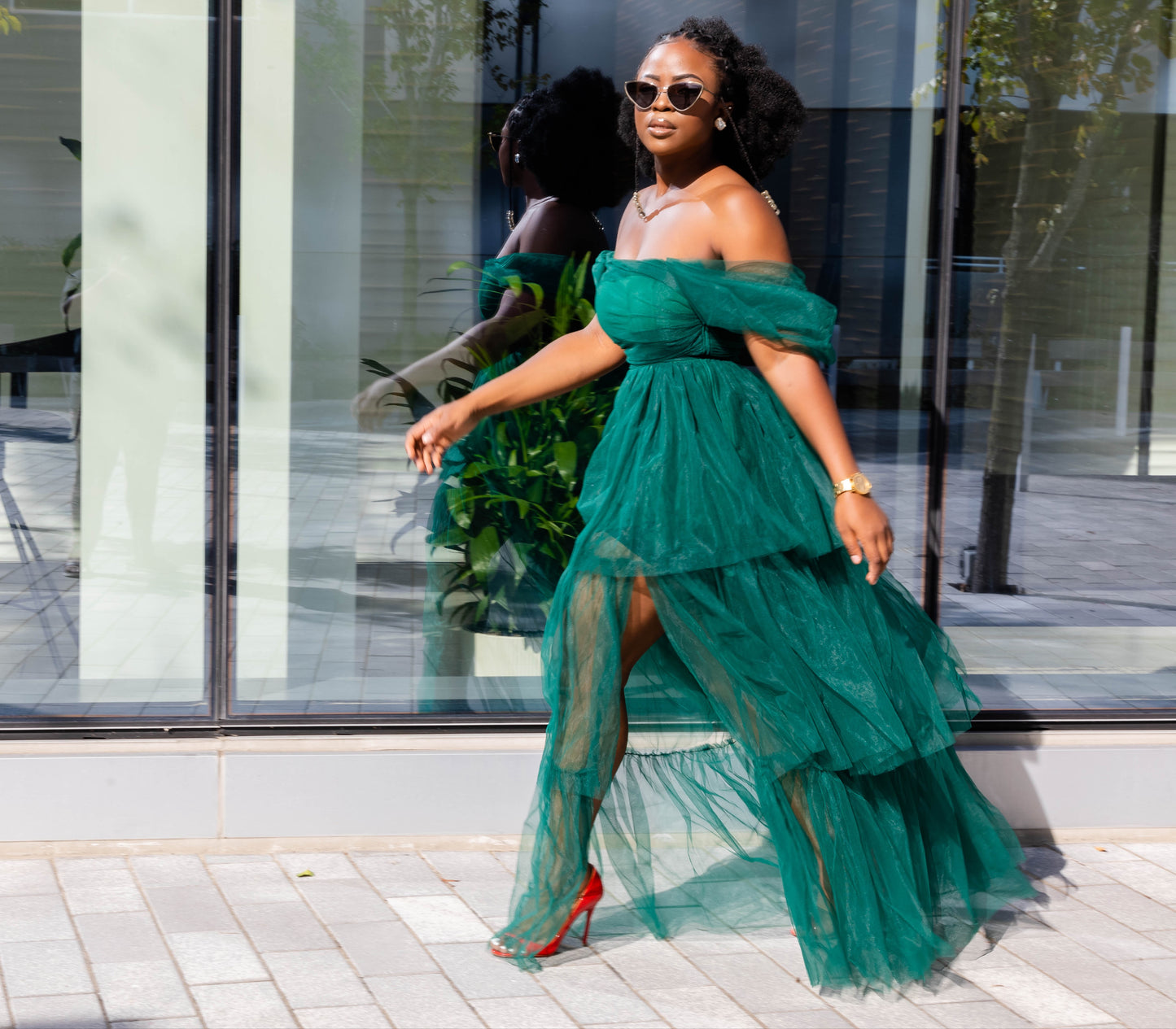 Hunter Green Tulle Layered Gown