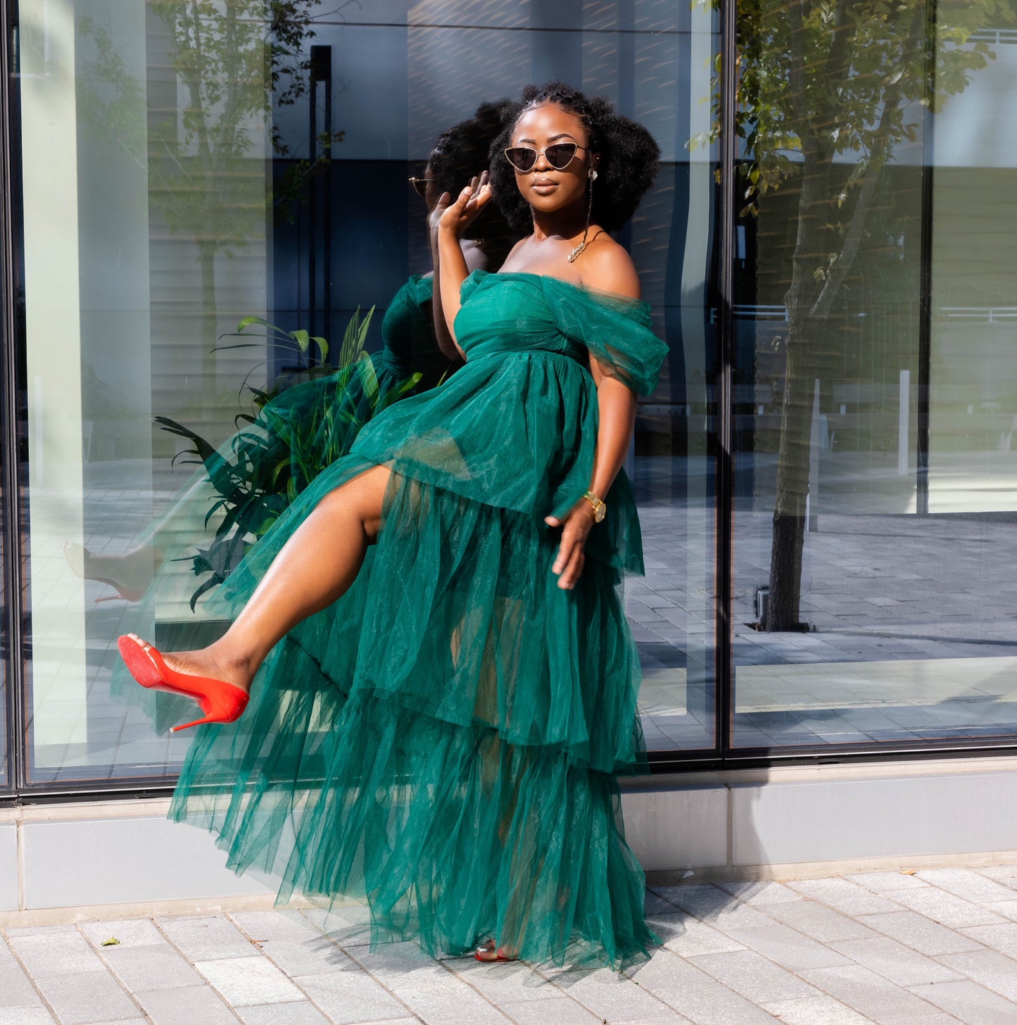 Hunter Green Tulle Layered Gown