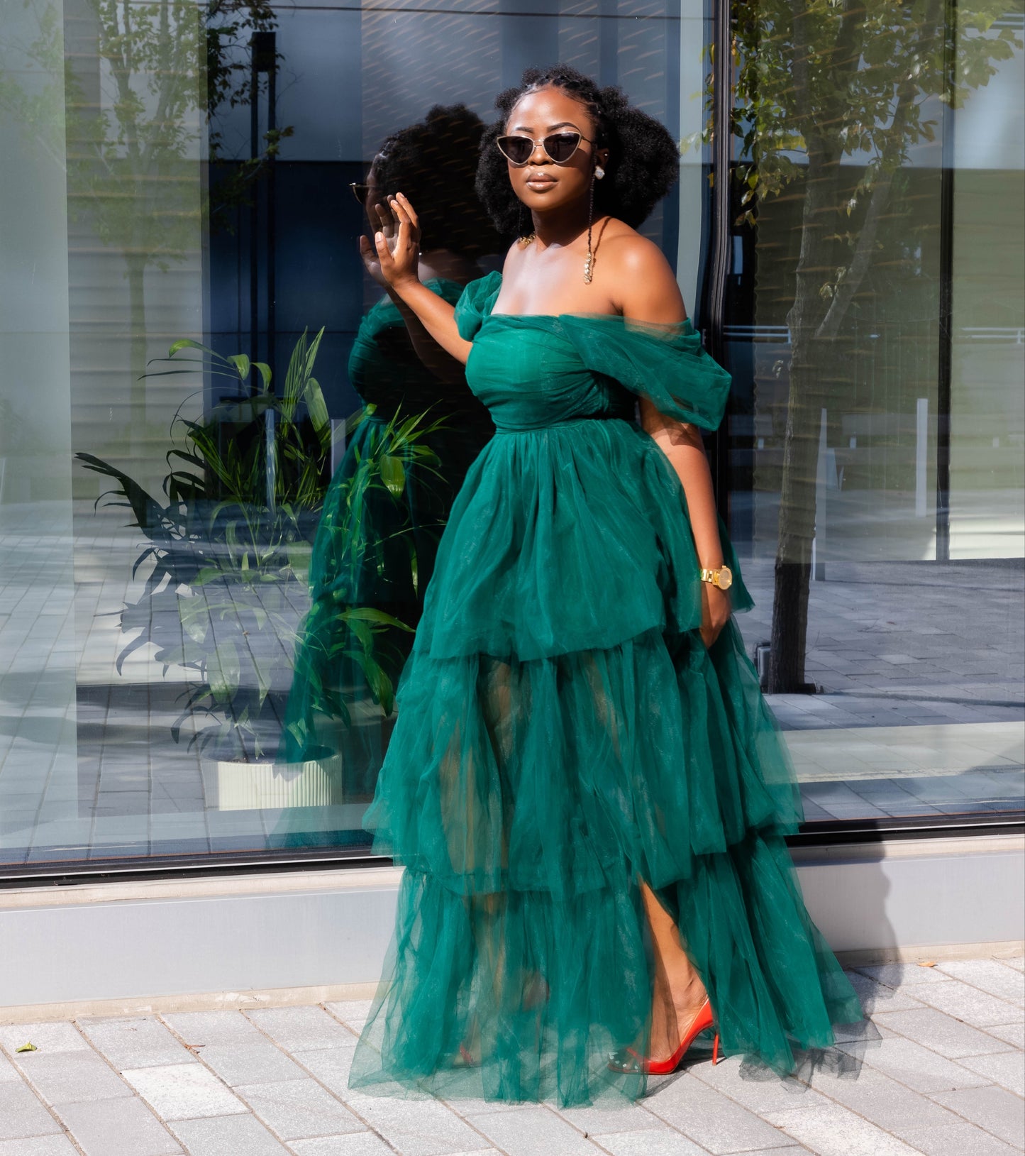 Hunter Green Tulle Layered Gown