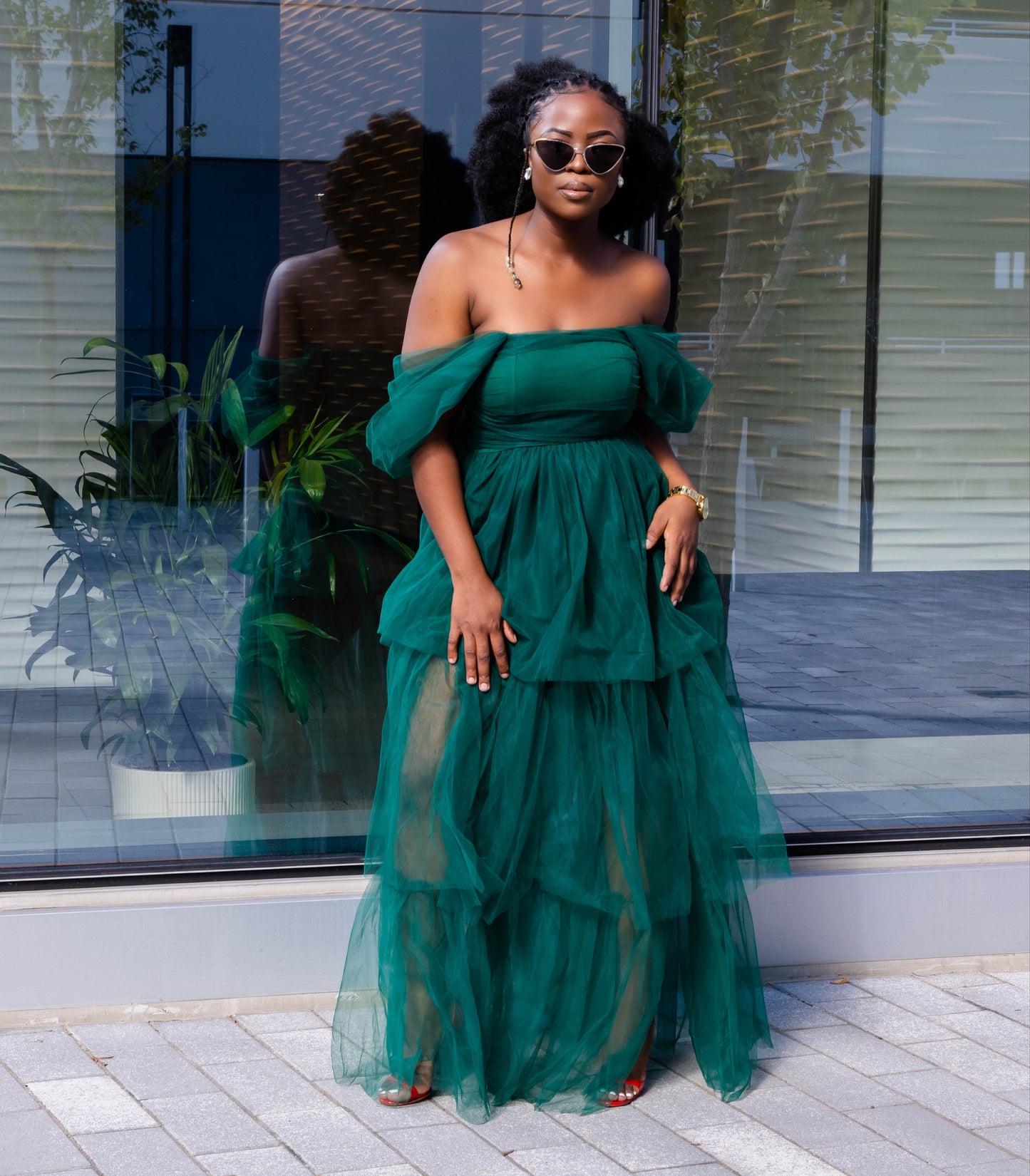 Hunter Green Tulle Layered Gown