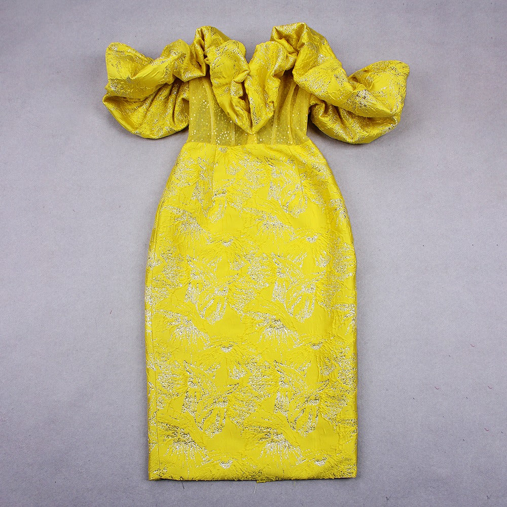 Yellow Off Shoulder Midi Bodycon Dress