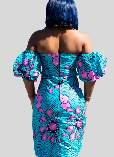 Blue/purple off shoulder puffy arms dress - Marcy Boutique