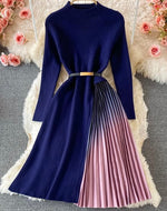 Blue Knitted Sweater Pleated Patchwork Gradient Ruffled Elegant Dress