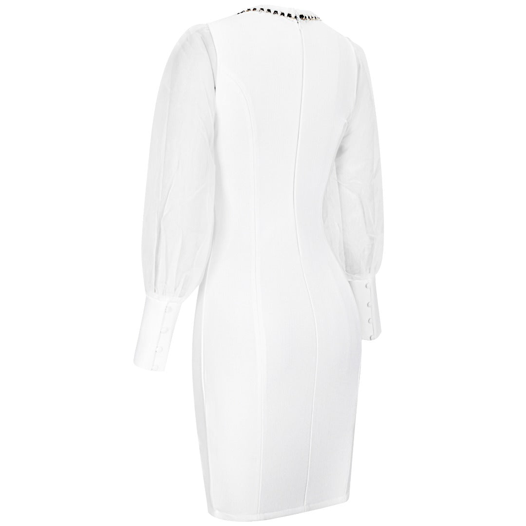 White Long Sheer Sleeve Bandage Bodycon Dress