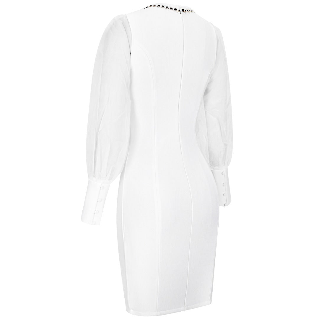 White Long Sheer Sleeve Bandage Bodycon Dress S White Long Sheer Sleeve Bandage Bodycon Dress S