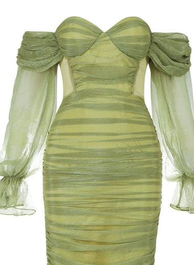 Green Off Shoulder Ruched Mesh Dress