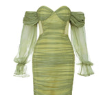 Green Off Shoulder Ruched Mesh Dress