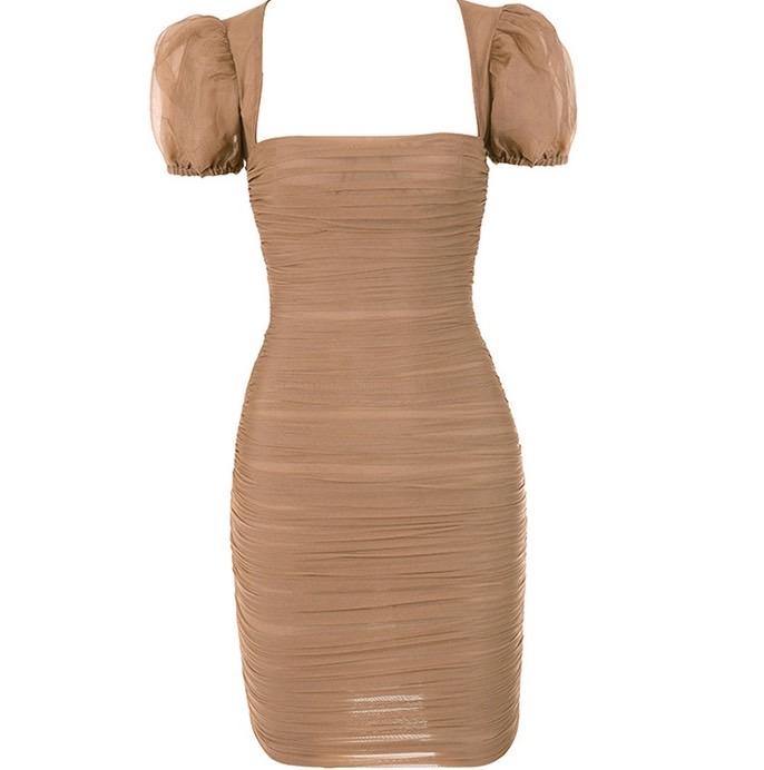 Caramel mesh ruched puff sleeve mini dress - Marcy Boutique