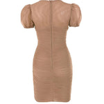 Caramel mesh ruched puff sleeve mini dress - Marcy Boutique
