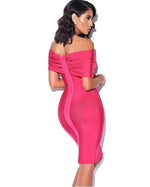 Hot pink off the shoulder midi bandage dress - Marcy Boutique