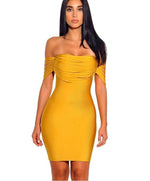 Premium yellow off  shoulder strappy bandage midi dress - Marcy Boutique
