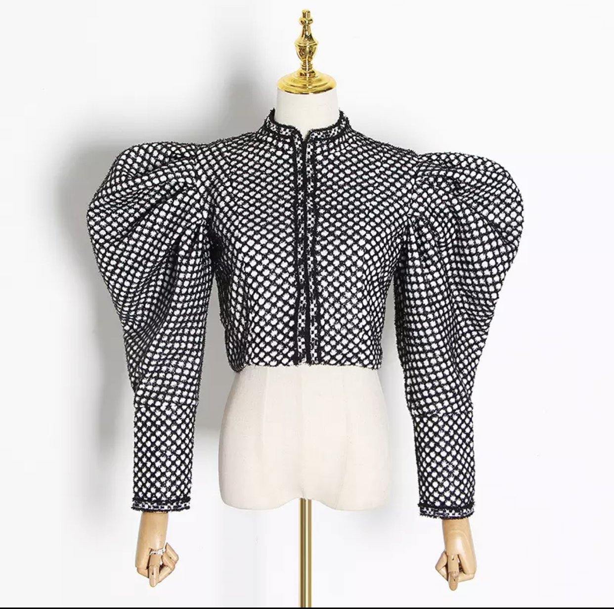 Ruched Plaid O Neck Puff Sleeve Top - Marcy Boutique
